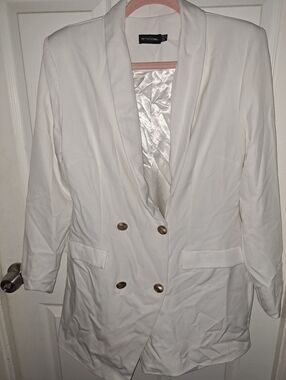 Petite Studio White Double-Breasted Blazer with Gold Buttons